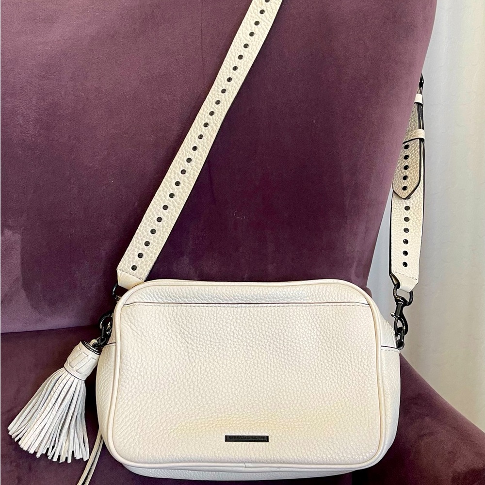Rebecca Minkoff White Pebbled Leather Crossbody Camera Bag with Tassel